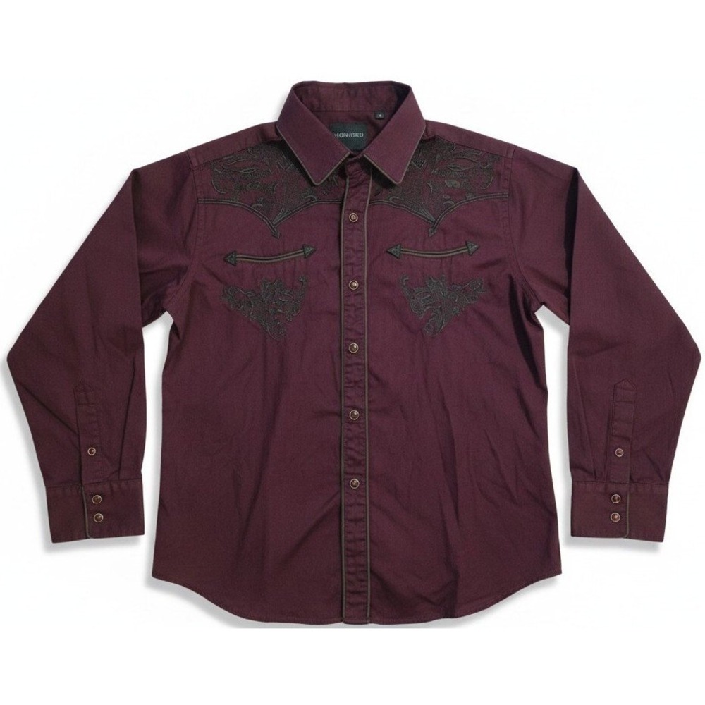 Montero Jeans Mens Small Burgundy Black Western Snap Front Embroidered Shirt